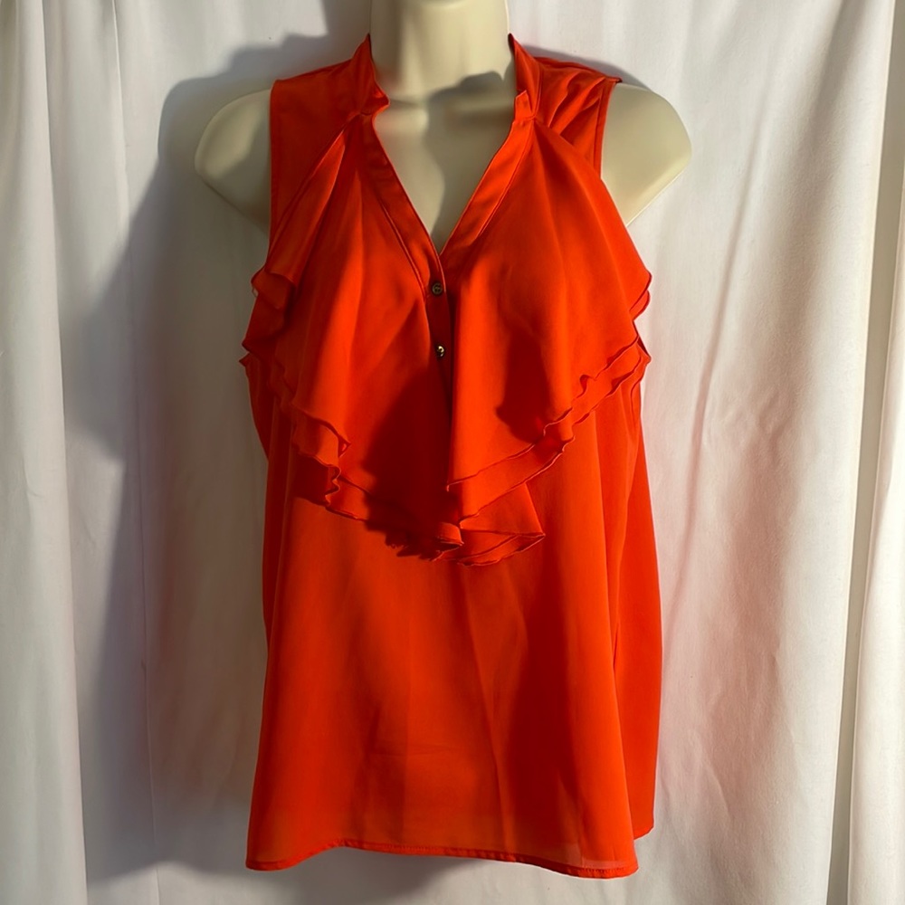 Orange Ruffled Chest Tank / Sleeveless Blouse, Size Medium by B Wear